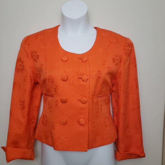 Christian Dior 14 Vintage Floral Embossed Suit Jacket Orange Double Breast Daisy